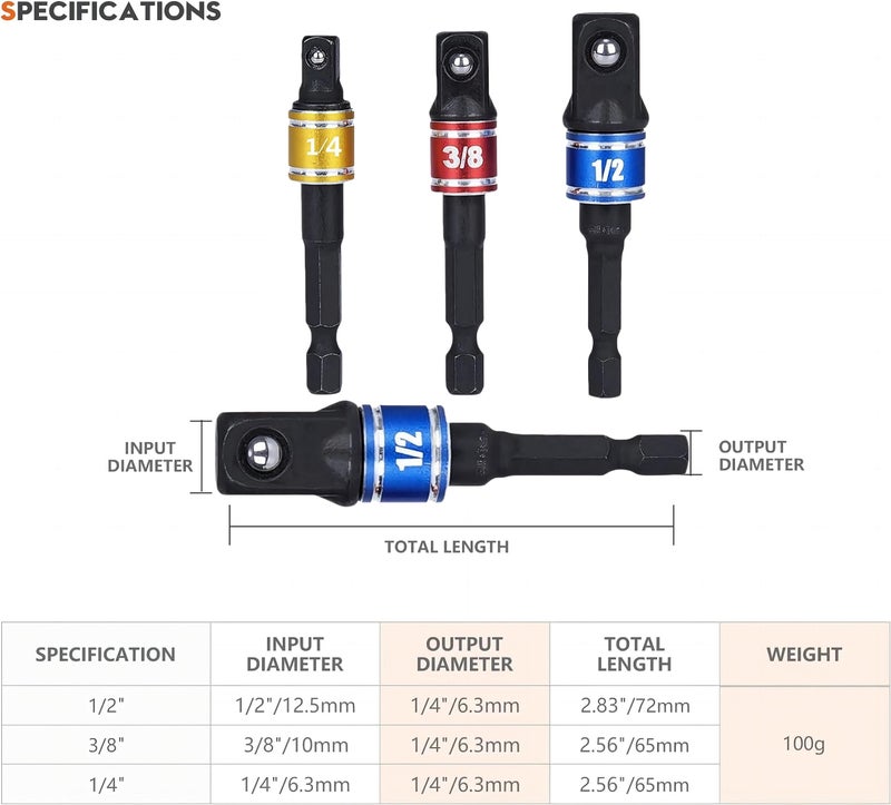 HoooWooo Impact Grade Driver Sockets Adapter Extension Set Drill Bit 3Pcs 1/4 3/8 1/2" Universal Socket Adapter Set and Right Angle Drill 105 Degree Right Angle Screwdriver Set Drill Hex Bit Socket Adapter - Image 3